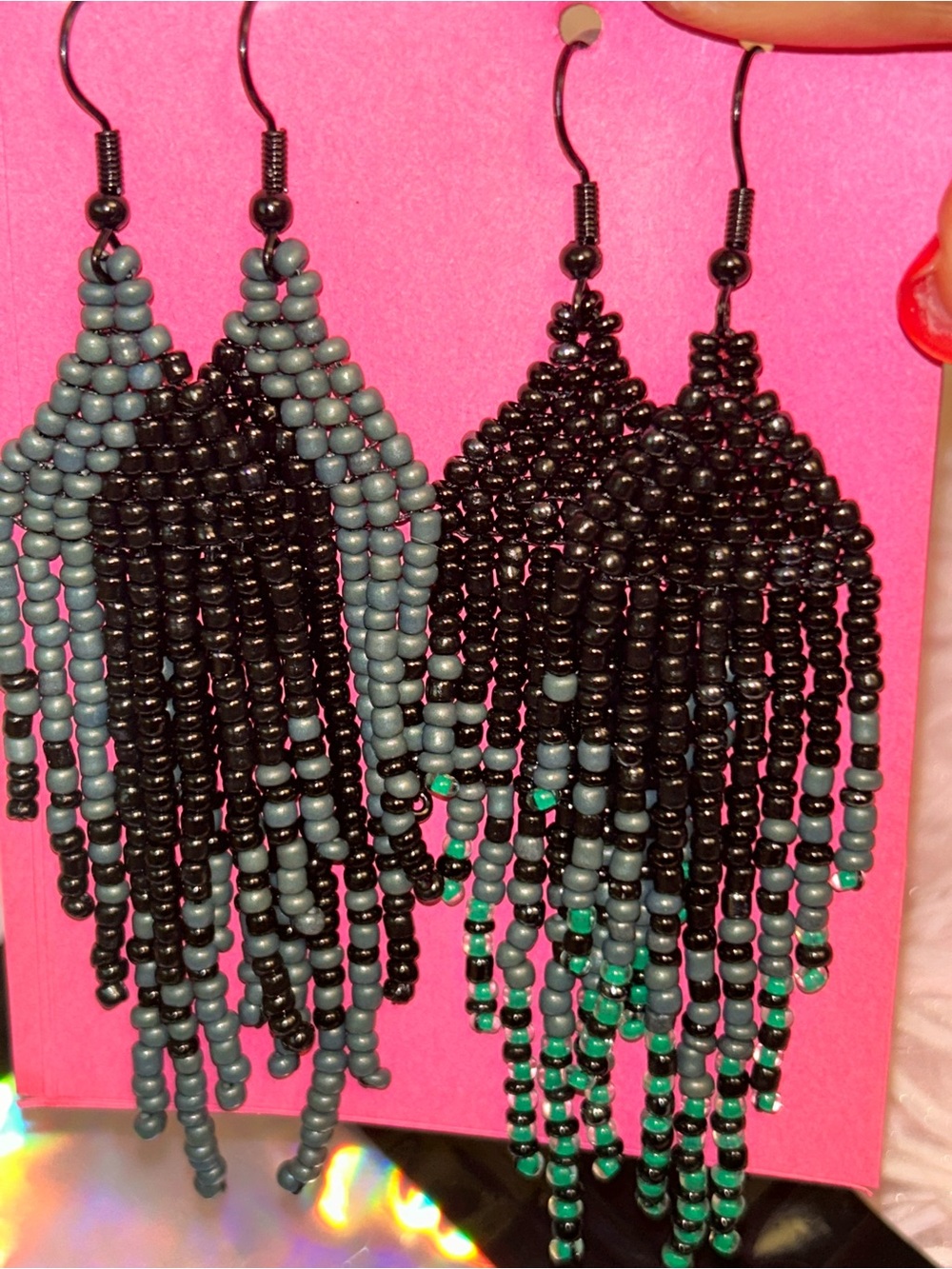 Black & Gray Beaded Fringe Earrings with Green Accent set